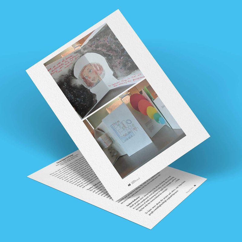 A tilted magazine page with images of artwork showcases prime storytelling. The top image features a painting of a figure in white, possibly an astronaut, weaving an engaging narrative. Below, a colorful art installation enchants the viewer. The page floats gracefully above another on a blue background.