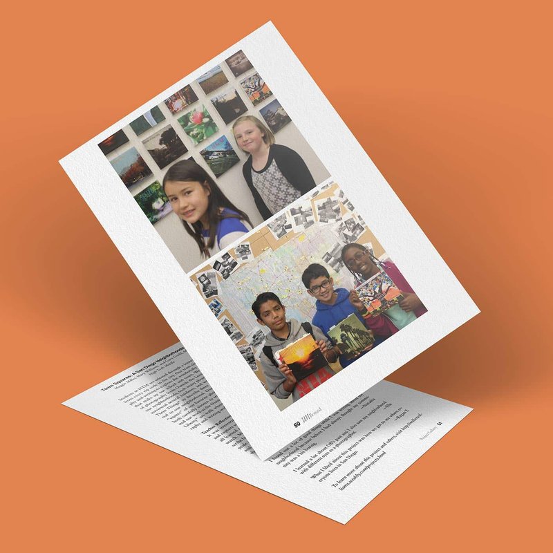 A tilted sheet displays photos of students. The top image shows two girls standing in front of a picture display, possibly from a San Diego neighborhood. The bottom image features three boys holding books with a map in the background. Another sheet lies partially visible underneath.