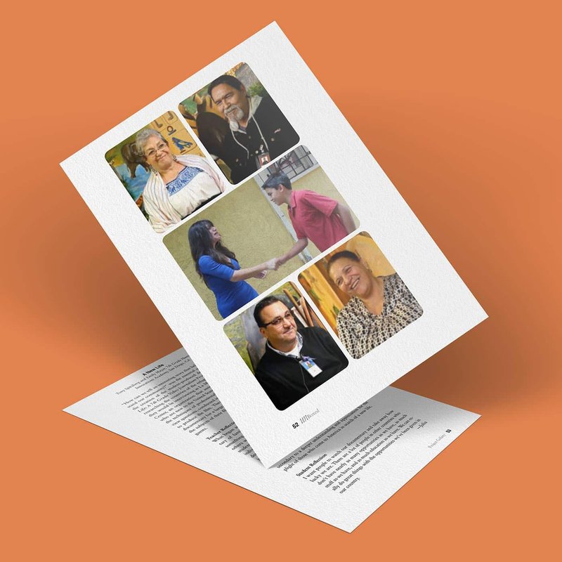 A sheet of paper features five different photos of individuals smiling and interacting. The paper is angled on a reddish-brown background, with another paper partially visible beneath it.