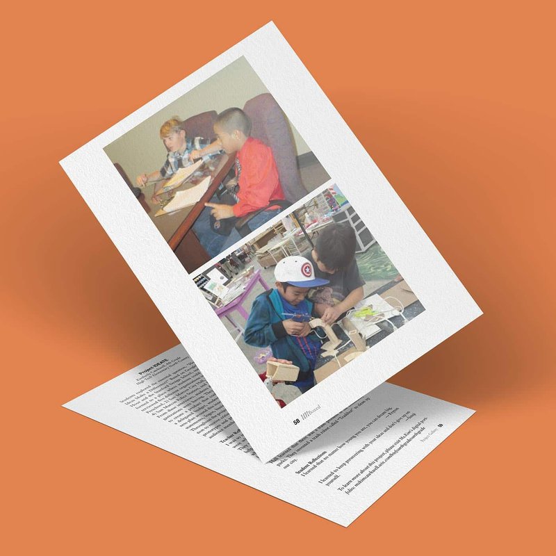 A tilted sheet of paper on an orange background showcases two photos: one of children writing at a table, and another of them building with wooden blocks. Partially visible beneath is a second page from Project IDEATE, capturing young minds in creative harmony.