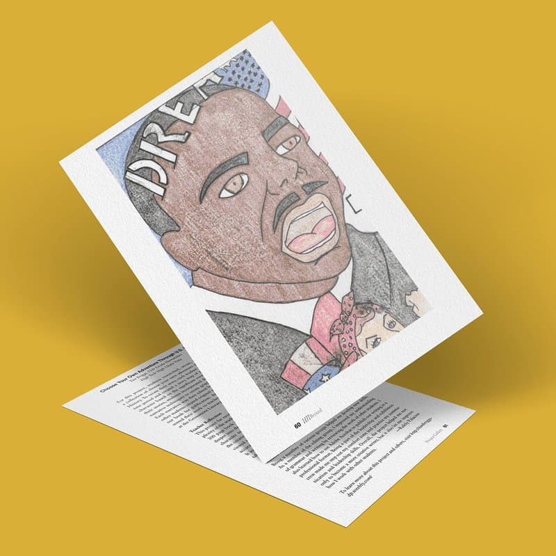 An illustrated poster features a man in a suit with an open mouth, perhaps echoing the spirit of U.S. History. Set against a flag backdrop, the word DREAM is partially visible. The dynamic scene resembles a Choose Your Own Adventure tale, with the poster tilted on a yellow surface.