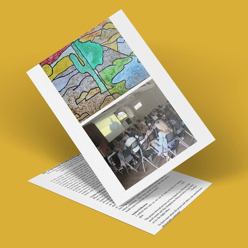 A tilted photo on a yellow background shows a group of people seated, watching a screen in a room. The image features a colorful stained glass window with a cactus and desert scene at the top, capturing the essence of a drought story set against the backdrop of Californias arid struggles.
