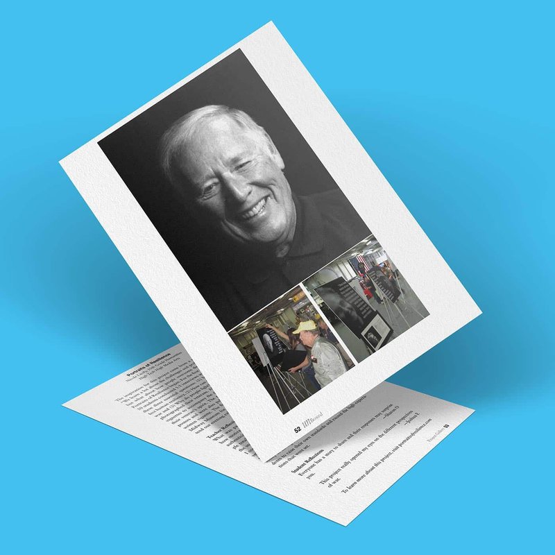 A photo collage on a piece of paper against a blue background. The collage celebrates resilience, featuring a black-and-white portrait of an older man smiling, with two smaller portraits below that depict lively indoor scenes involving people and activities.