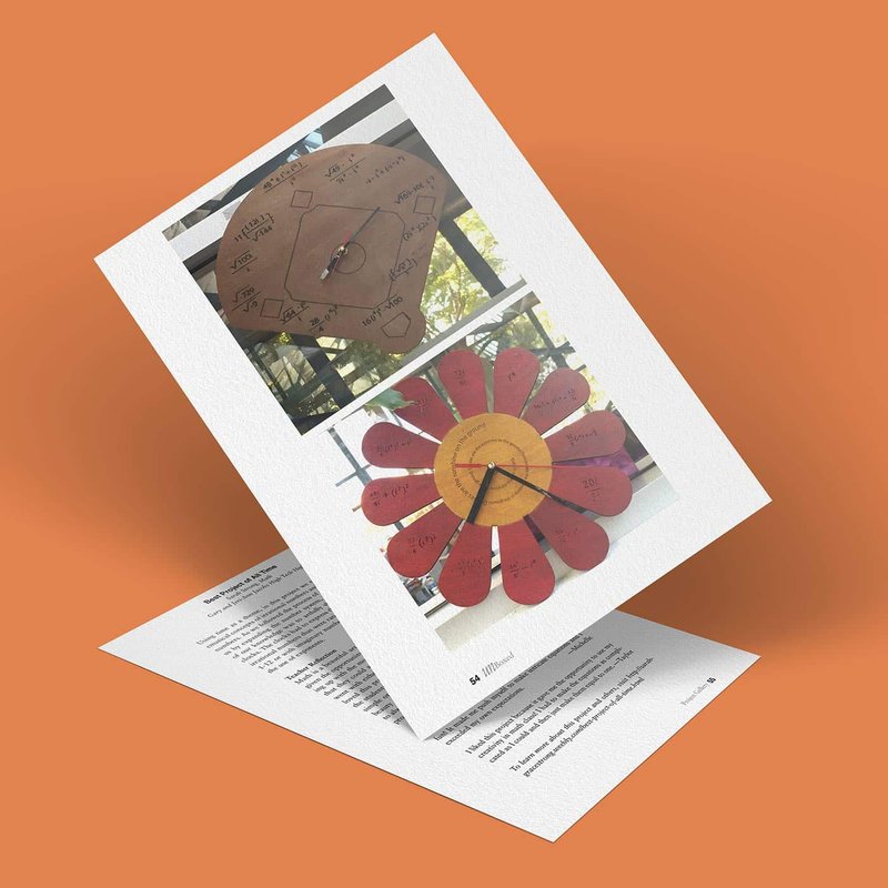 Two sheets of paper with diagrams displayed on a tilted surface. The top sheet features circular diagrams with handwritten notes, resembling a clock and a flower. This might be the best project ever, set against a solid orange backdrop.