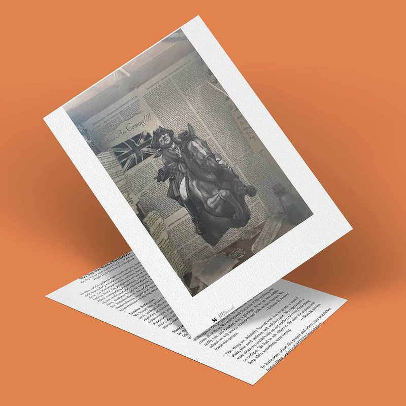 A photo of a document featuring an illustration of a man riding a horse. Styled to look vintage with text and a small British flag, it subtly nods to the revolutionary past. Positioned at an angle against an orange background, the image exudes historical charm.