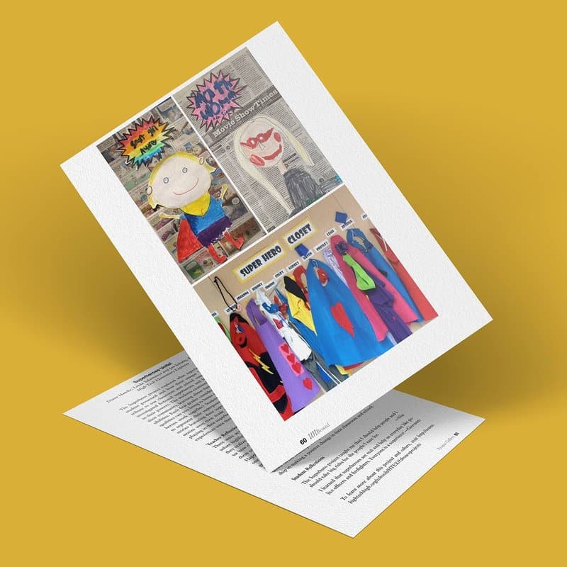 A colorful poster unites childrens art projects, showcasing a vibrant array of drawings and paintings, including a portrait and abstract designs. Below, the Superhero Costumes section bursts with energy against a yellow background.