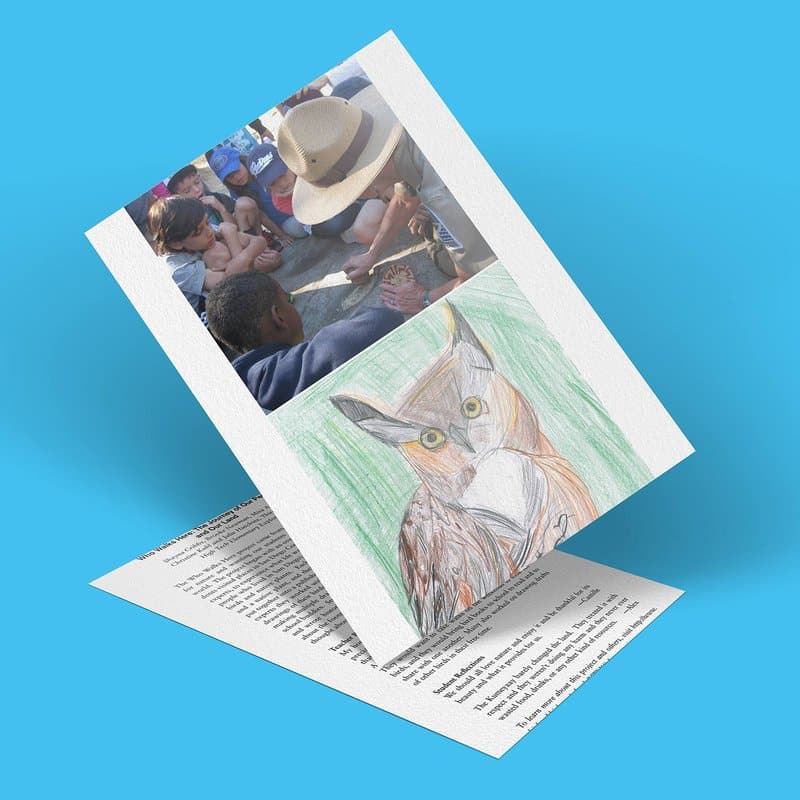 A card standing open against a blue background showcases a photo of people—the children—sitting in a group at the top, with a vibrant drawing of an owl below. Inside, the text hints at an unreadable yet intriguing journey.