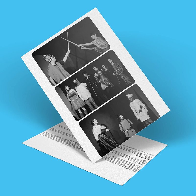 A black-and-white card displays three images of people in various costumes, including a scene with crossed swords, reminiscent of The Complete Works of William Shakespeare. It stands on a blue background with text visible beneath the images.