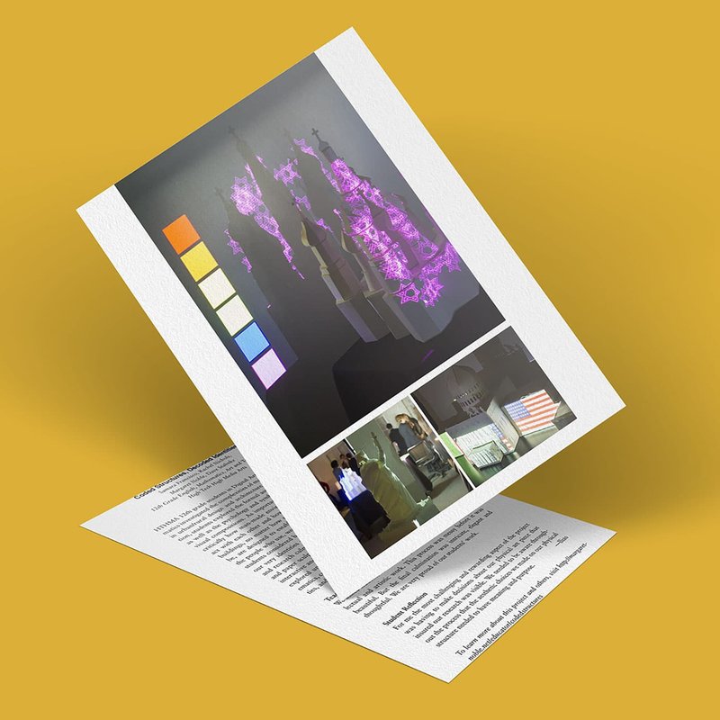A 3D-rendered page displaying a grid of images unfolds. The top half reveals a coded structure with purple lighting and colored squares, while the bottom half presents smaller images related to filmmaking. All of this comes alive against a solid mustard yellow backdrop.