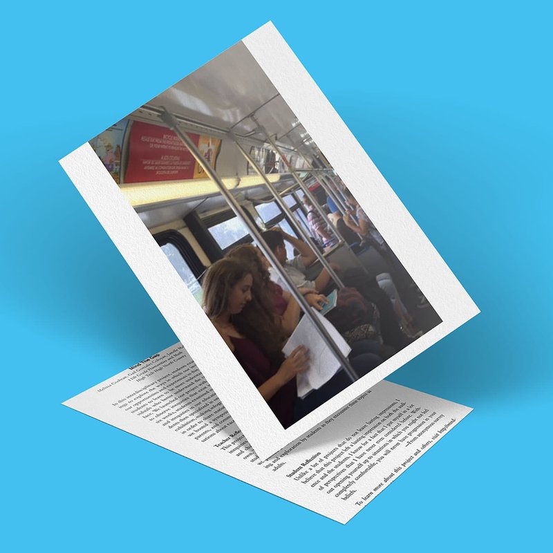 A 3D-rendered image of a photograph on a page captures people sitting and standing inside a subway train, with a Mind The Gap sign subtly visible nearby. A woman in the foreground is writing in a notebook, surrounded by the light blue background.