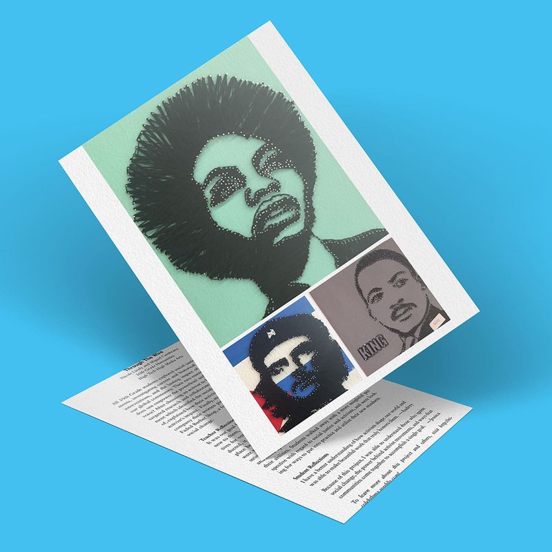 A conceptual image titled Through The Wire displays a folded pamphlet set against a blue background. The pamphlet showcases stylized portraits of three individuals, utilizing bold lines and contrasting colors like green, red, and blue.