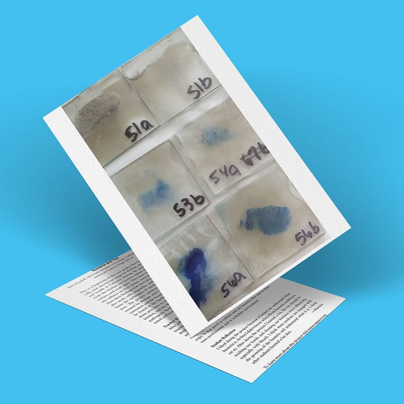 A sheet with six samples labeled 51a, 51b, 53a, 53b, 54a, and 54b, each demonstrating varying shades of blue reminiscent of bacterial colonies, rests at an angle atop a document with text on a blue surface.