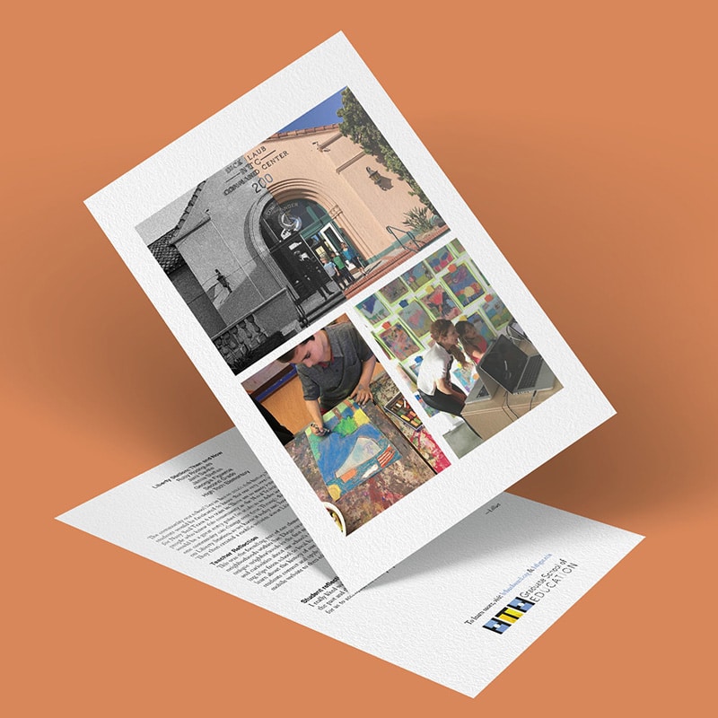 A white cardstock brochure, shown partially open against a brown background, features images capturing Then and Now with a historic building, a person painting, and two people working on a laptop. Inside, text unfolds the vibrant story of Liberty Station.