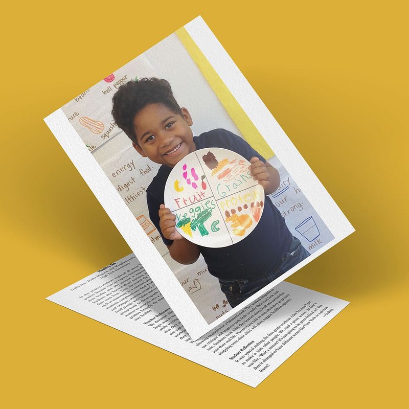 A smiling child holds a colorful paper plate illustration of a balanced meal with sections labeled fruits, vegetables, grains, and protein. The background features a chart with images of healthy food options.