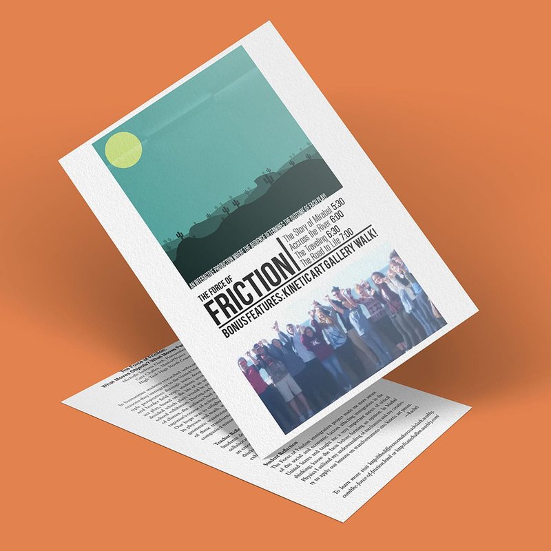 A tilted event flyer on a peach background showcases The Science of Friction with details of a talk about bow synthesis for kinetic art. It features a landscape graphic and blurred image capturing how the force of friction moves objects with the dynamic energy of people gathered.