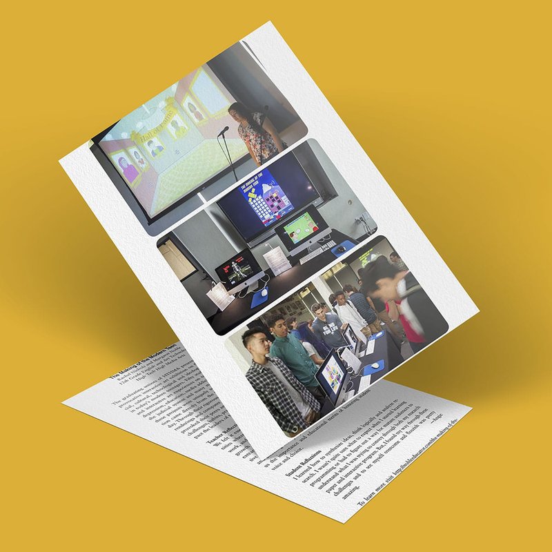 A folded brochure features a modern woman presenting to a group, with computer screens showcasing digital art. It captures the essence of making contemporary exhibitions, all set against a vibrant yellow background.