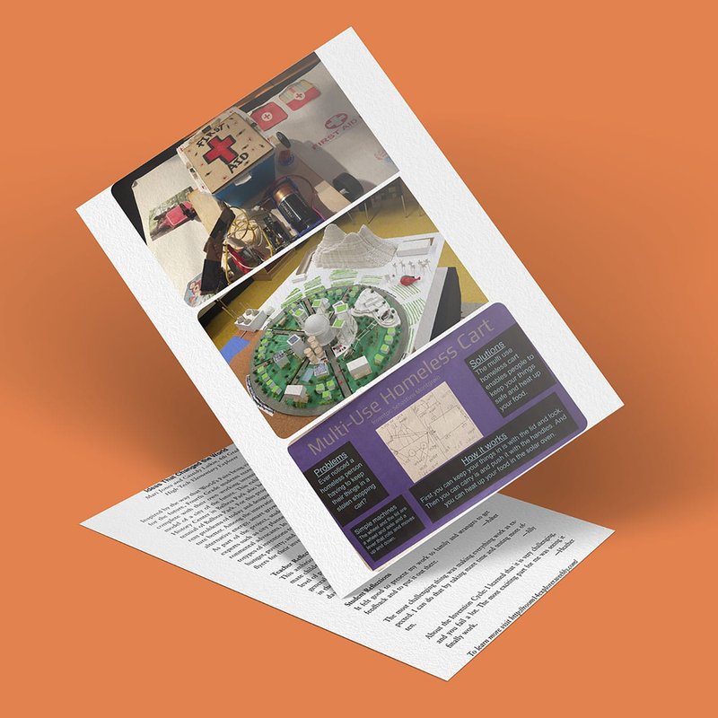 A brochure against an orange background showcases a groundbreaking design project. It features a top image of a miniature model and a detailed section titled Multi-Use Homeless Cart, filled with world-changing ideas through text and diagrams.