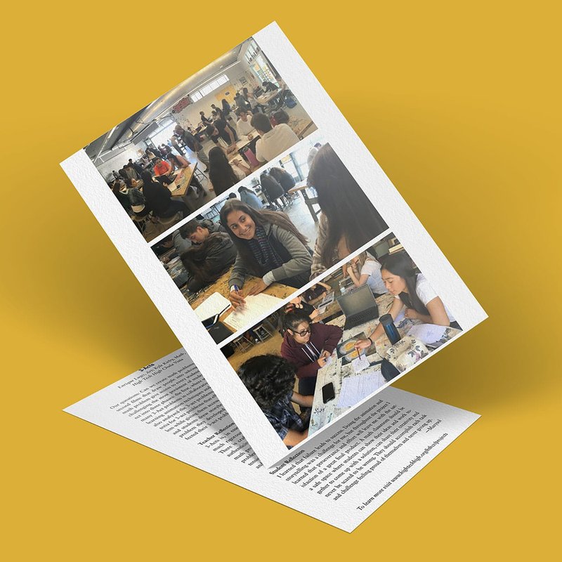 A brochure displayed on a yellow background, featuring three photos of people engaged in discussions and activities. The images show individuals around tables, interacting and taking notes, suggesting a workshop or group meeting.