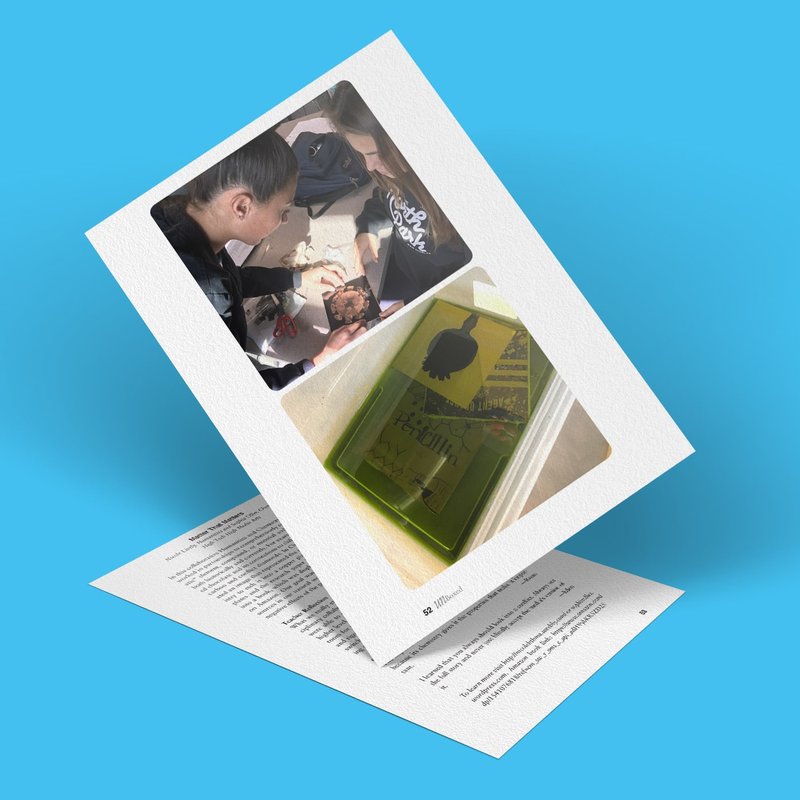 A photo collage against a blue background shows a woman drawing on a persons hand and a close-up of a book cover titled Matter That Matters featuring the silhouette of a face and the word Human. Beneath the collage, sheets of printed text emphasize what truly matters.