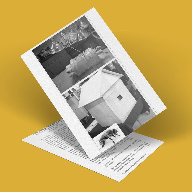 A card on a yellow background displays a black-and-white image of a small model house, light fixtures, and a cat. Below, pieces of text on paper hint at tales from Doha.