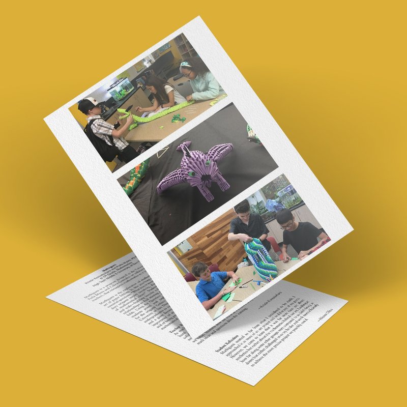 A flyer displays three images: two of people crafting at a table and one of a purple woven structure. The background is solid yellow, highlighting the flyer.