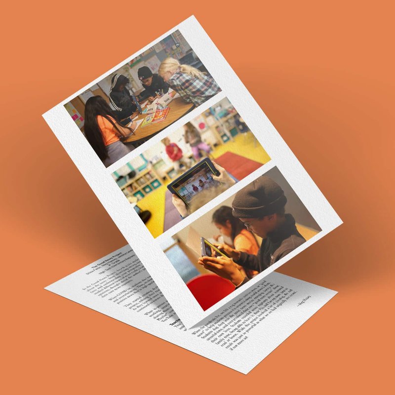 A brochure from the Good News Project rests on an orange background, featuring three images: kids playing a board game, a person using a tablet, and another child engaging with a tablet. A document with text is partially visible underneath.
