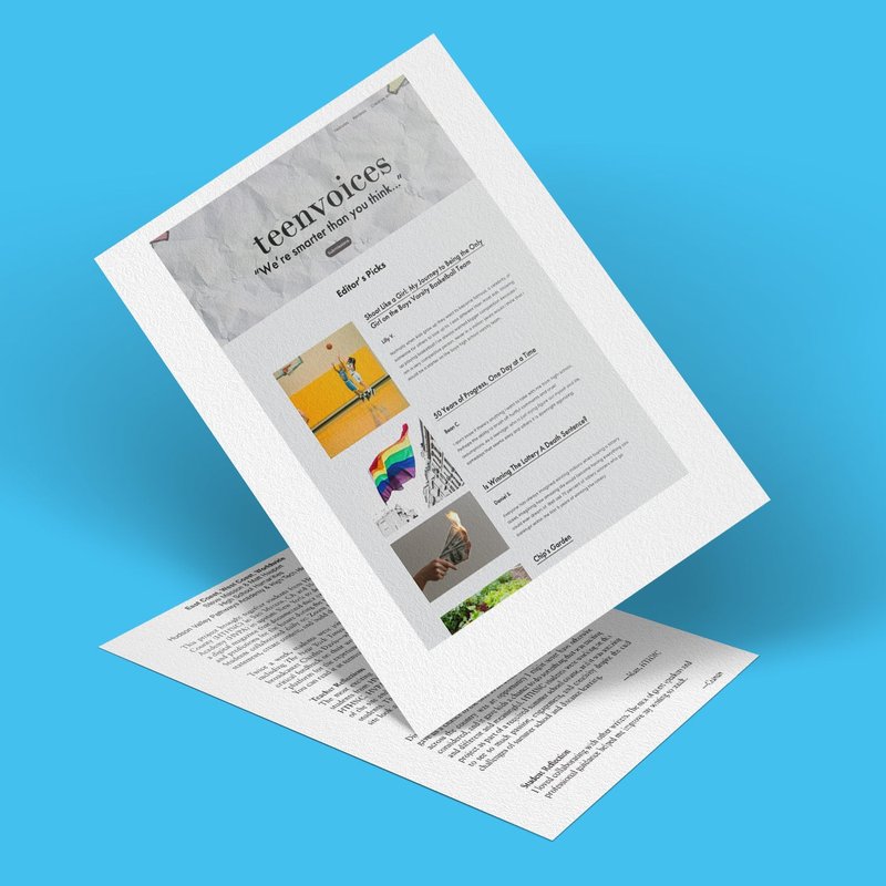 A digital rendering of two sheets titled teenyVoices, with a design featuring text, a photo of someone jumping near a yellow wall, a colorful book, and a hand drawing. The vibrant blue background adds an East Coast flair to this lively composition.
