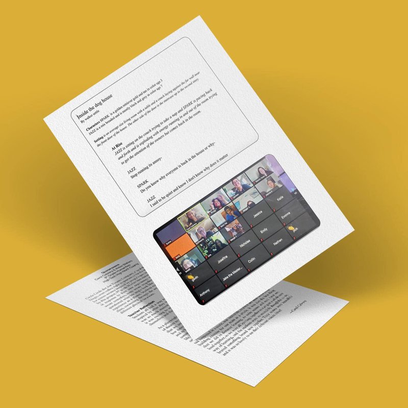 A document with text and a digital meeting grid of participants on a yellow background.
