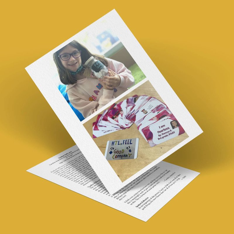 A card with two images on a mustard background: the top image showcases a girl holding a silver microphone, wearing a pink sweatshirt. The bottom image features wristbands and a card reading Its OK to feel [GOOD] BAD COMPANY in bold, radical style. Text is partially visible, hinting at self-love.