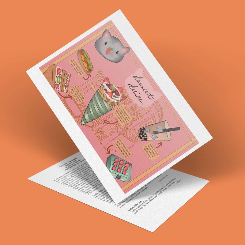 An artistic pink card featuring a cat face, desserts, and drinks like bubble tea and a pastry evokes the charm of a nostalgic drive-thru. Set against a white card with text, it rests on a vibrant orange background, capturing the playful spirit of its generation.