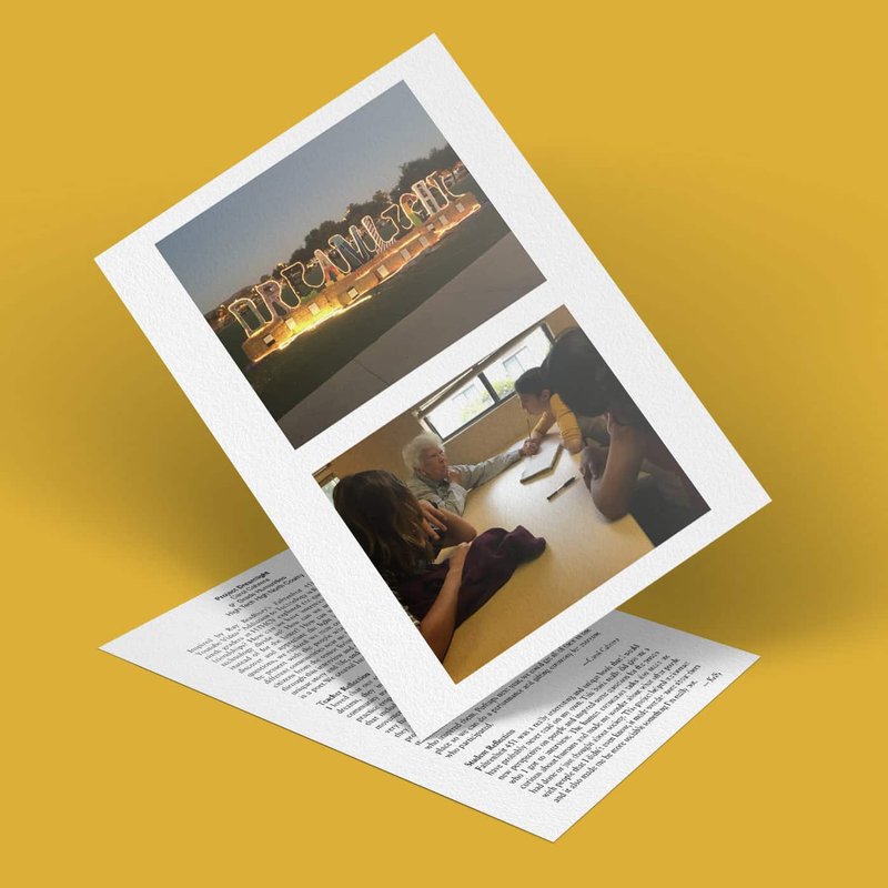 A card features two images: the top reveals DRUMMING in illuminated letters against the night sky; the bottom captures four people at a table in lively conversation. Set against a mustard yellow background, this is part of Project Dreamlights creative exploration initiative.