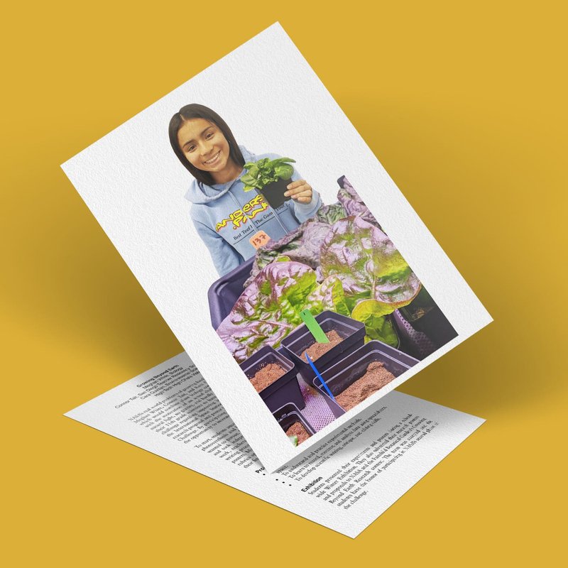 A person showcases a green leafy plant in front of a hydroponic setup, highlighted by several pots teeming with life. The promotional poster, with its mustard yellow backdrop, emphasizes the theme Growing Beyond Earth, merging agricultures future possibilities seamlessly in text and imagery.