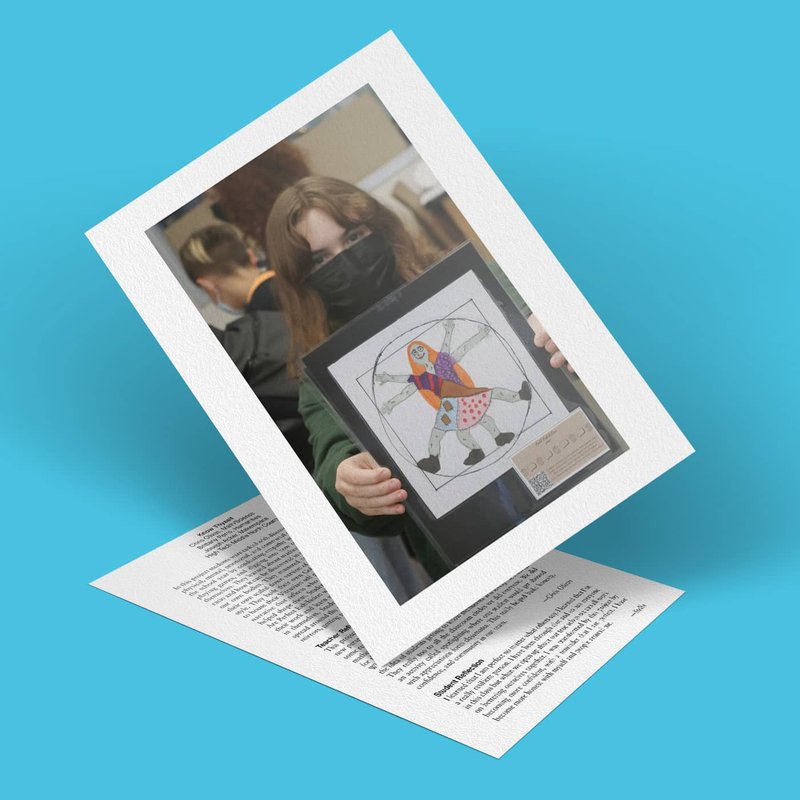 A masked individual holds up a framed piece of colorful abstract art against a blue background. The geometric shapes and bright colors echo the theme Know Thyself, subtly inscribed on the frame, with text from a printed page adding depth to the pieces inviting mystery.