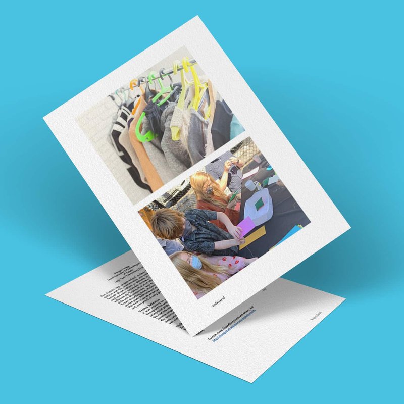 A 3D rendering showcases two pieces of paper on a poppin blue background. The top page displays a photo of clothes on hangers with tags and another depicting people sitting around a table planning.