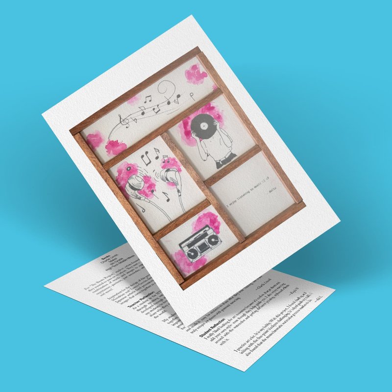 A decorative card with six sections featuring music-themed illustrations, including notes, headphones, a record, and a cassette. The card is angled and placed on a sheet of paper with text, set against a blue background.