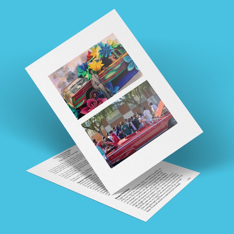 A floating brochure on a blue background. The cover features two images: one of a man leaning against a vibrant, graffiti-covered car amidst colorful flowers, embodying the spirit of Cruisin, and another showing a group gathered around a red car with open doors, sparking a visual Revolution.