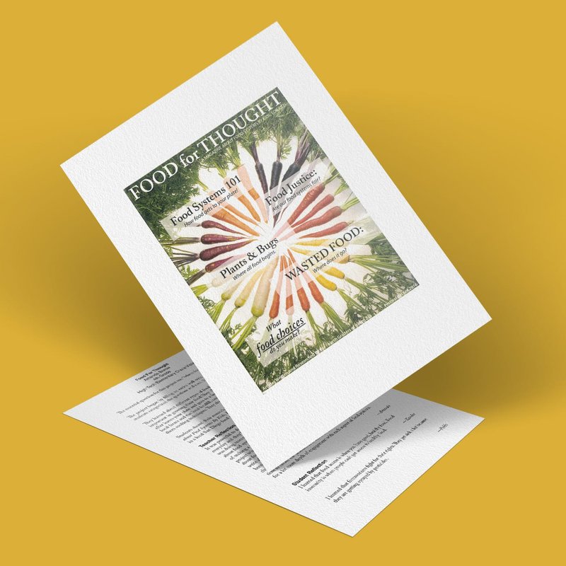 A vibrant poster titled Food for Thought showcases colorful spoons in a circular pattern, introducing topics such as Food Systems 101, Food Justice, and Wasted Food. These intriguing ideas stir thoughtful discussions on a cheerful yellow surface.