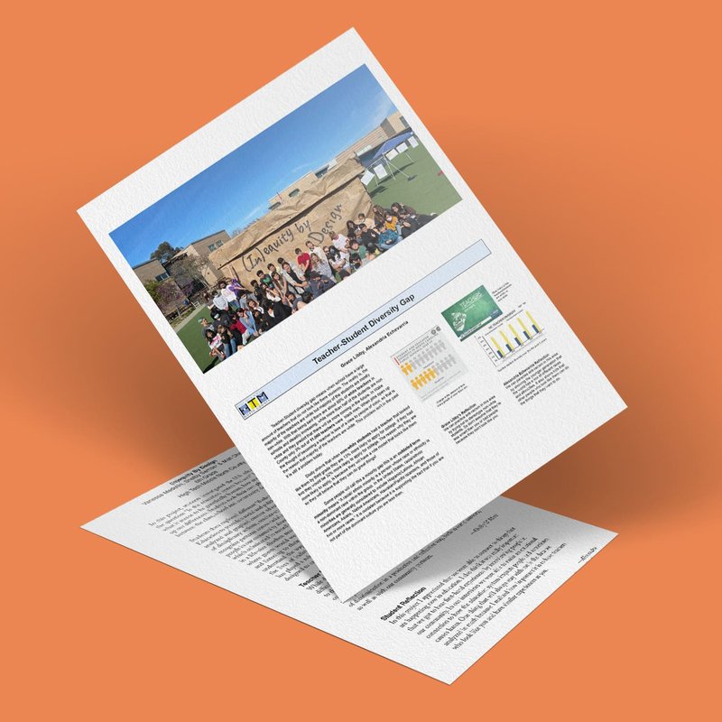 Two sheets of paper with printed content, including a photo of a diverse group outdoors and various text sections, are positioned diagonally on an orange background. One sheet highlights a bar graph illustrating equity, with logos at the bottom showcasing thoughtful design.