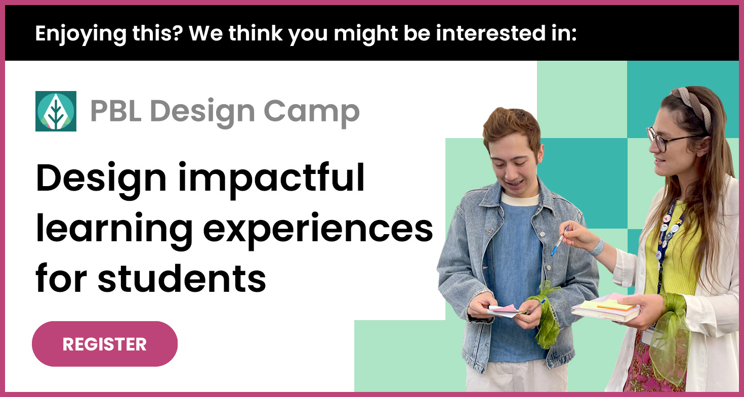 A man and a woman are standing together, discussing and looking at a tablet and a book. The text reads, PBL Design Camp: Design impactful learning experiences for students in Jan 2025. A button labeled Register is visible for the in-person event.