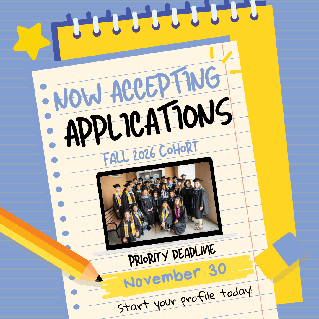 A graphic notebook page announces Now accepting applications Fall 2026 SDTR Cohort. A group graduation photo appears in the center. Text reads Priority Deadline November 30. Start your profile today! A pencil lies on the page.