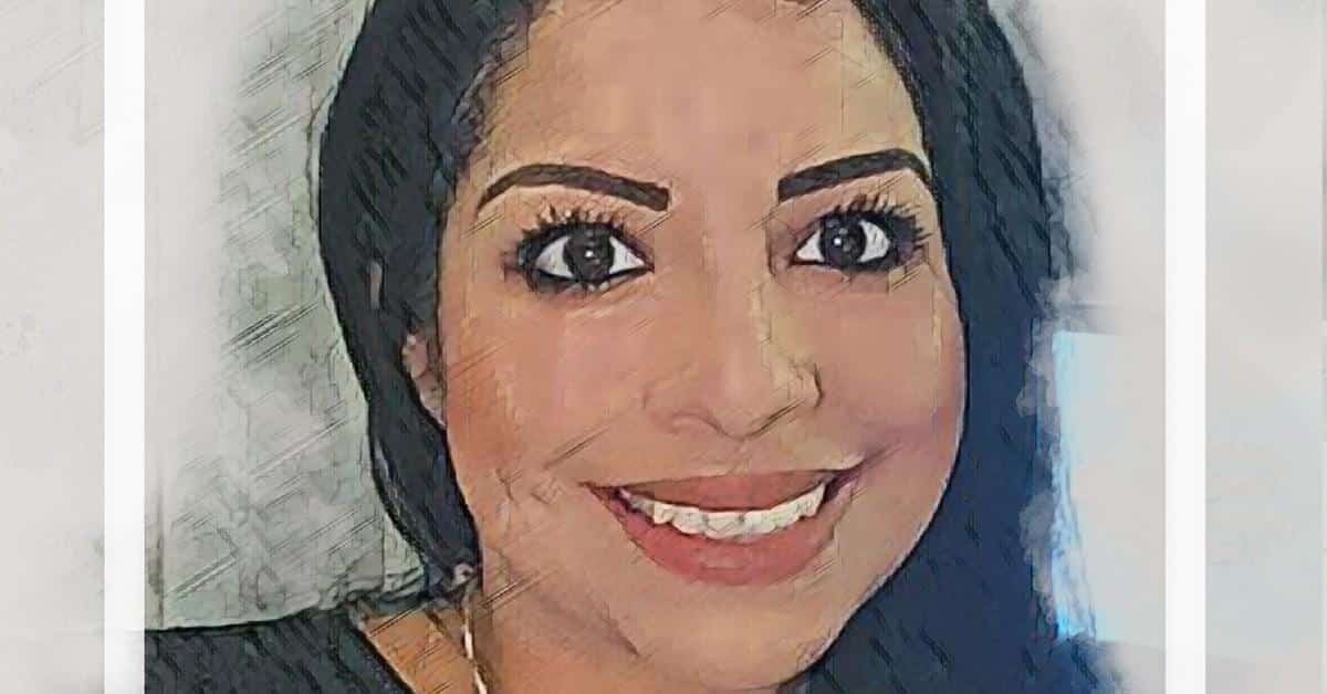 A stylized portrait of a person smiling warmly, with long dark hair and prominent eyes. The image has a sketch-like quality, featuring soft shading and a blend of colors, subtly conveying the importance of teaching consent through its warm and friendly appearance.