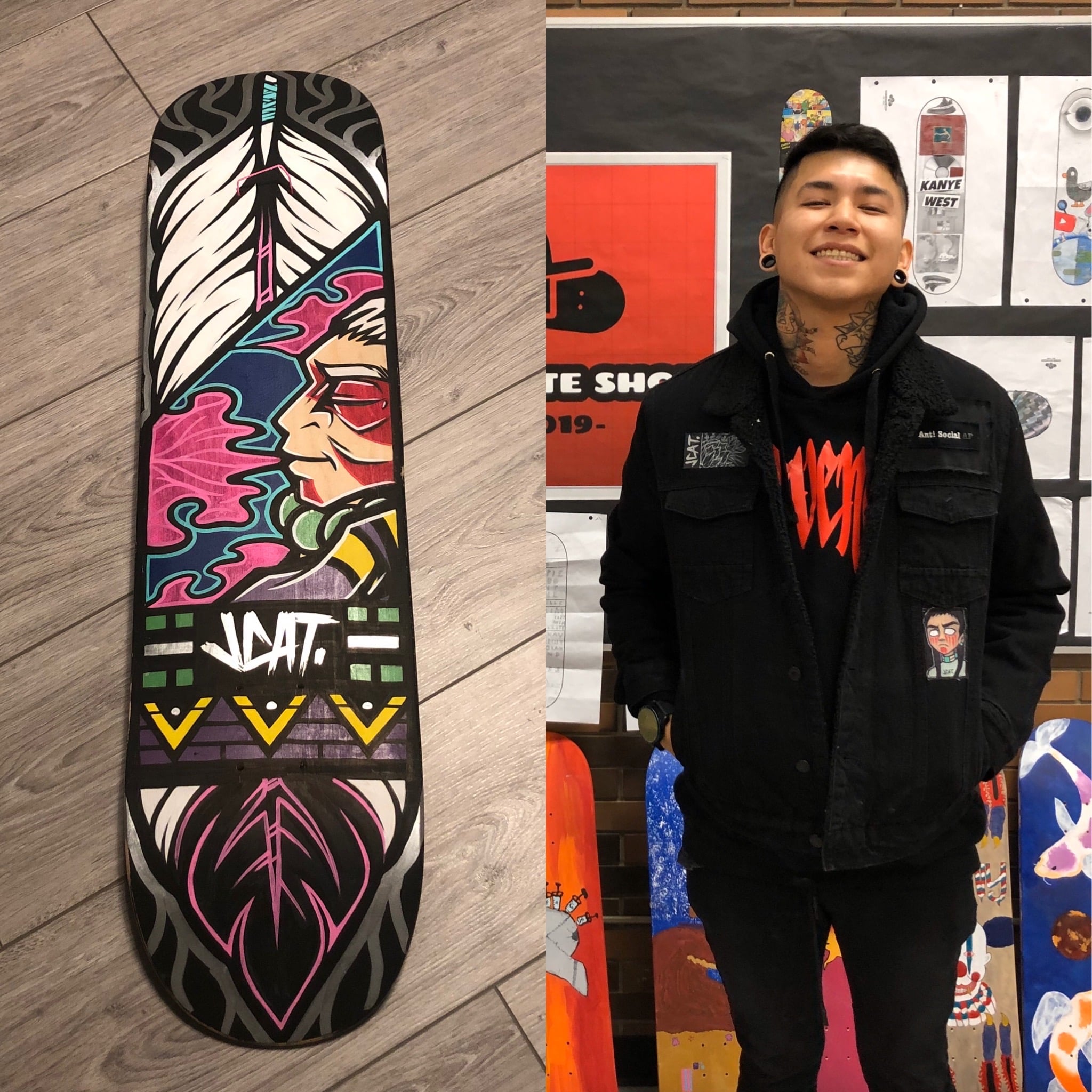 Artist standing next to skateboard deck he designed