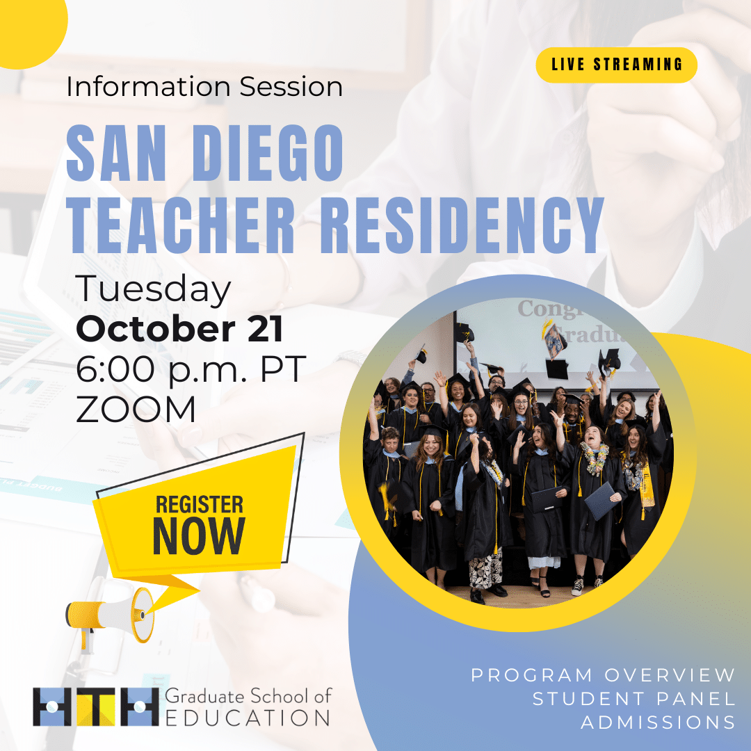 Promotional flyer for the SDTR program info session on October 21 at 6:00 p.m. PT via Zoom, featuring a group photo of graduates in caps and gowns, a “Register Now” button, and a link to the program page.