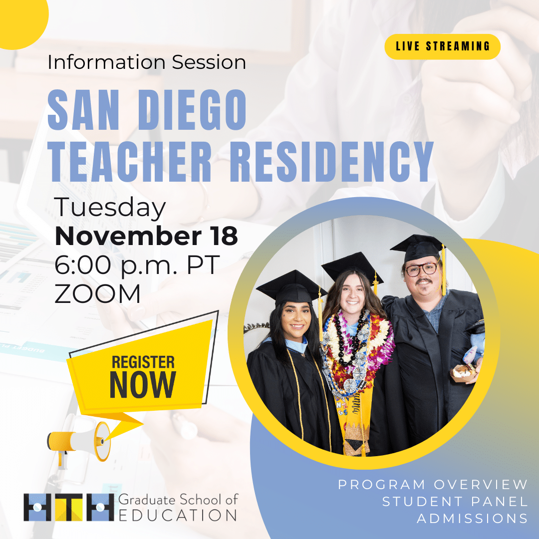 Promotional flyer for an SDTR Program info session on Nov 18 at 6:00 p.m. PT via Zoom, featuring three diverse graduates in caps and gowns. Register Now and learn more on the SDTR Program Page! Program details highlighted.