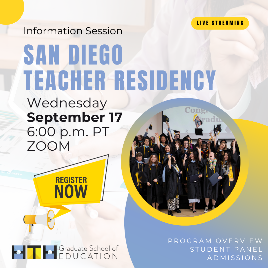 Promotional graphic for an SDTR Program info session on September 17 at 6 p.m. PT via Zoom, featuring Register Now button, graduation photo, and Graduate School of Education logo. Learn more on our Program Page.