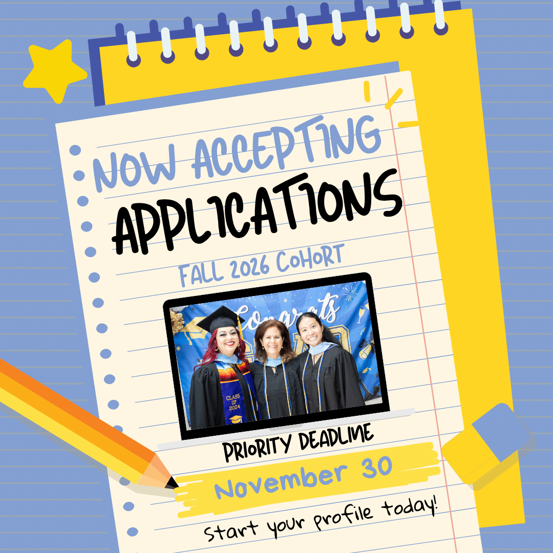 A notepad graphic with text: “Now accepting applications, Fall 2026 EDL program cohort. Priority deadline November 30. Start your profile today!” Below is a photo of three graduates in caps and gowns, smiling in front of a blue backdrop.