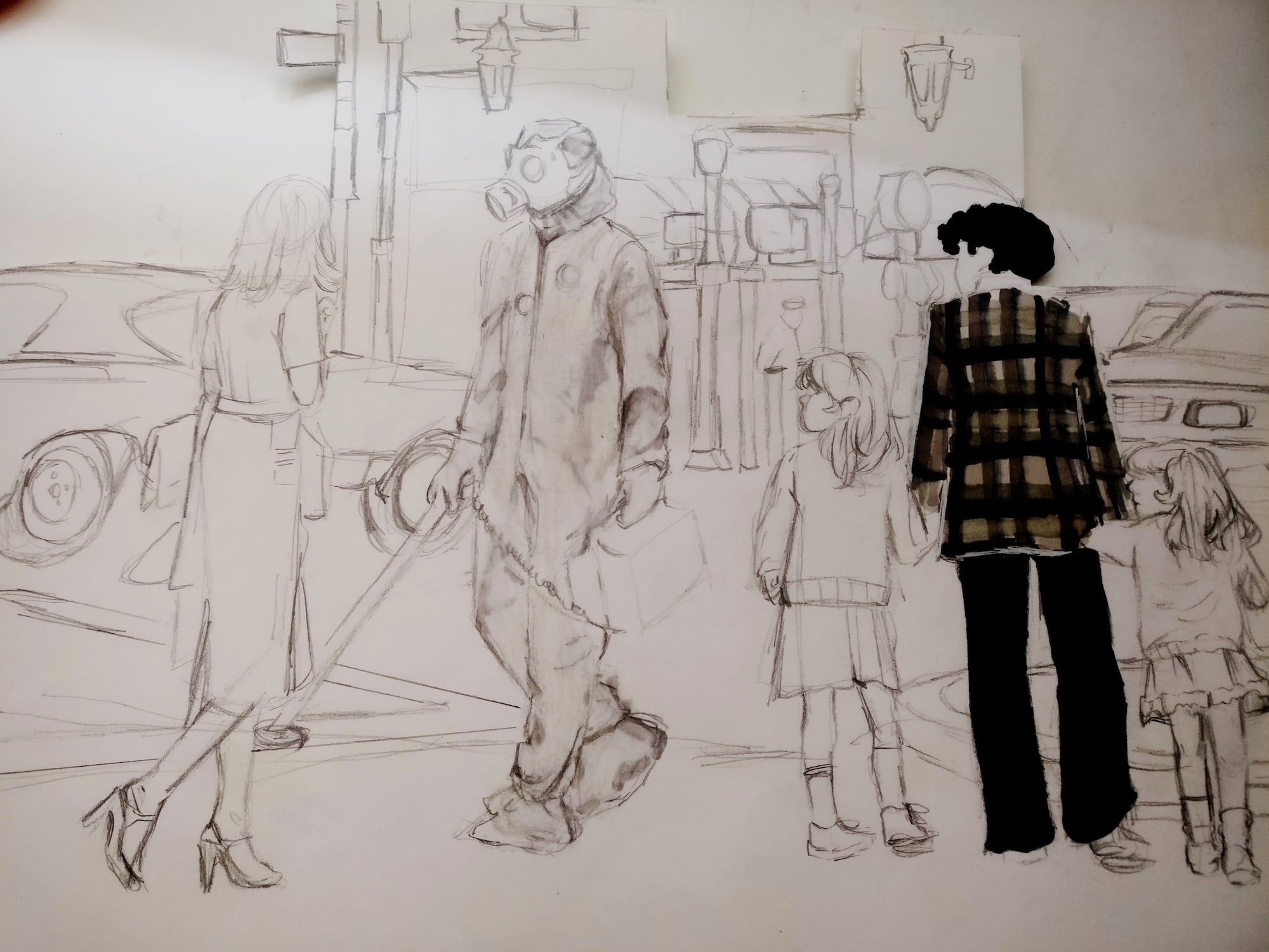 Drawing of person walking through 1970s New York with a