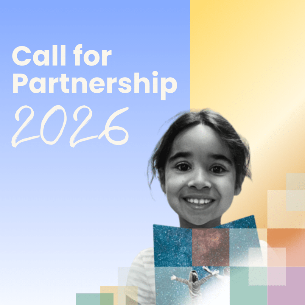 A smiling young girl stands in front of colorful geometric shapes with text that reads “Call for Partnership 2026” on a blue and yellow gradient background.