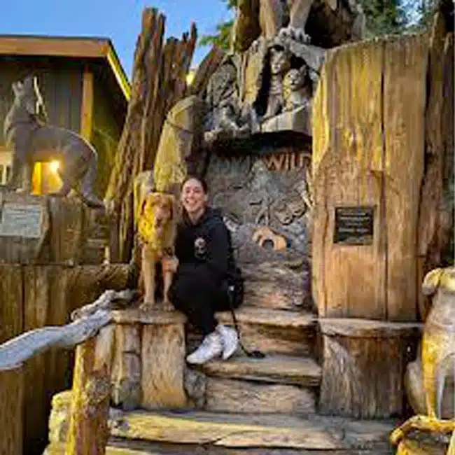 A person wearing a black hoodie and white sneakers sits on a wooden structure, accompanied by their dog. Nearby, large wooden sculptures and a building with warm light bear the signature charm of Michelle Babicks design.