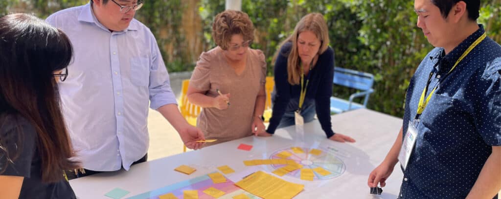 Five people stand around a table outdoors at the PBL Design Camp, discussing and arranging colorful sticky notes and papers on a large chart. Sunlight filters through greenery, capturing the collaborative, in-person energy of Jun 2026.